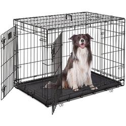 HCY Dog Cage Dog Crate Dog Kennel Folding Metal Pet Crate for Small/Medium/Large Dogs 42 Inch Double Doors Puppy Kennel with Div