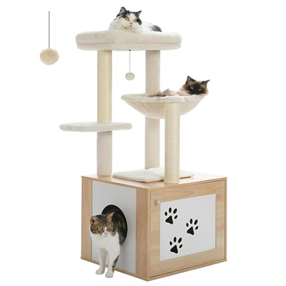 PETEPELA Cat Tree with Litter Box Enclosure, 46" Modern Cat Tower Wood with Super Large[Dia 15.7"] Hammock, Cat Condo with Cat S
