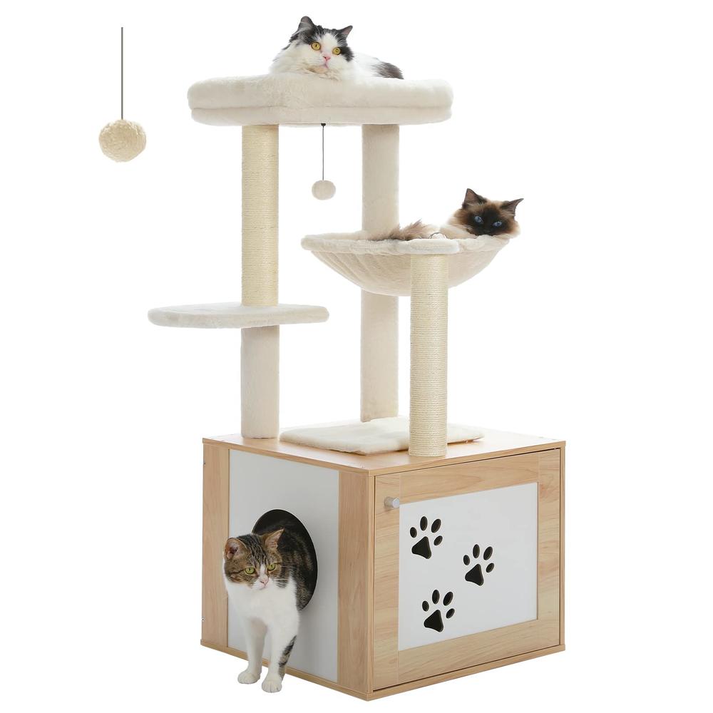 PETEPELA Cat Tree with Litter Box Enclosure, 46" Modern Cat Tower Wood with Super Large[Dia 15.7"] Hammock, Cat Condo with Cat S