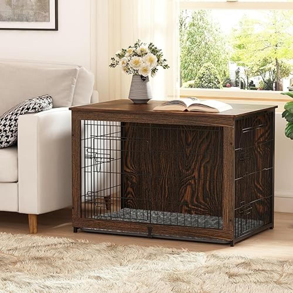 Megidok Wooden Dog Crate Furniture with Cushion, Dog Crate End Table with Tray, Double Doors Dog Crate Furniture Style, Decorati