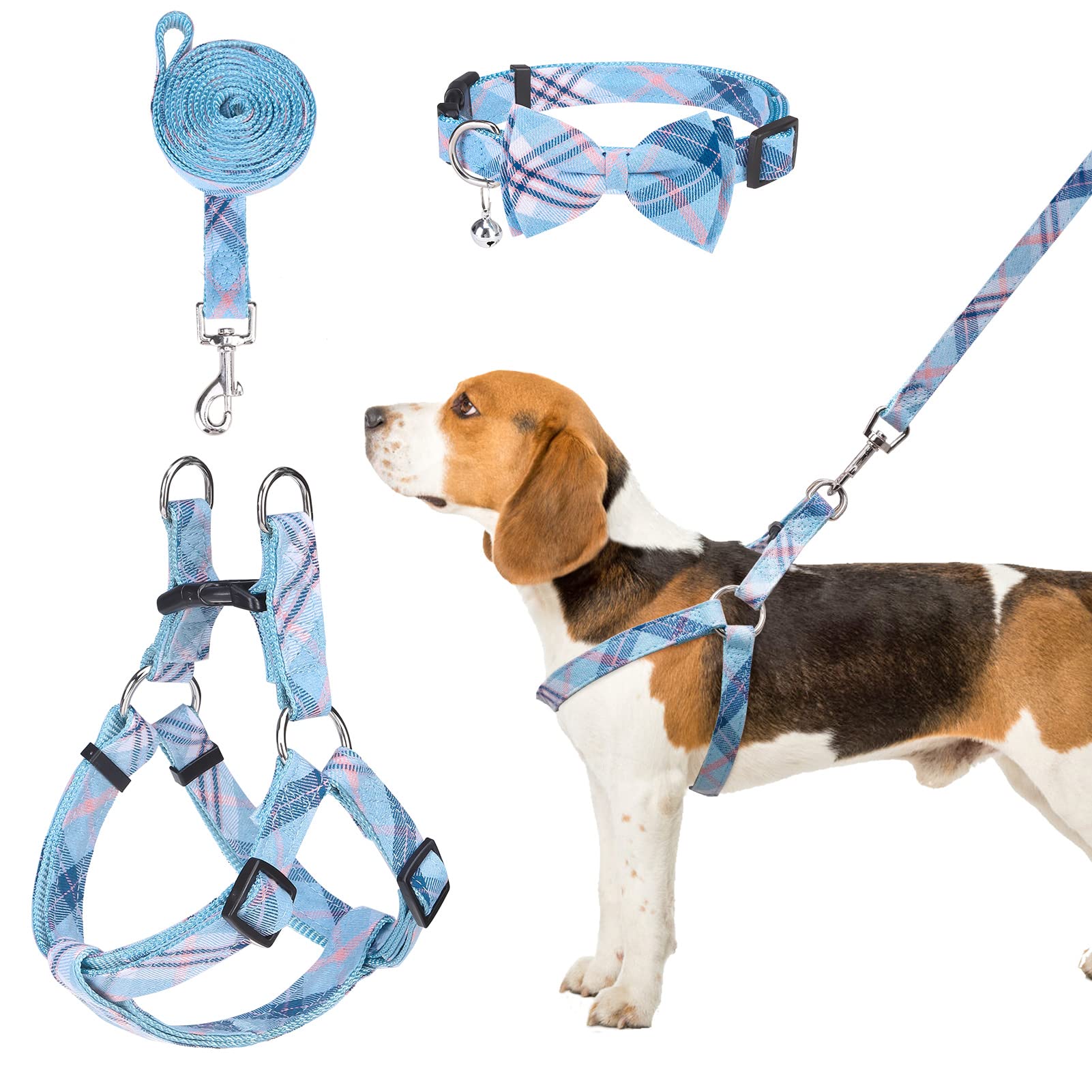 BingPet Dog Harness with Leash and Bow Tie Collar Set Blue - Main Image