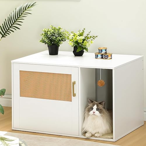 Hzuaneri Cat Litter Box Enclosure with Rattan Door, Hidden Litter Box Furniture, Boho Style Wooden Pet House Side End Table, Sto