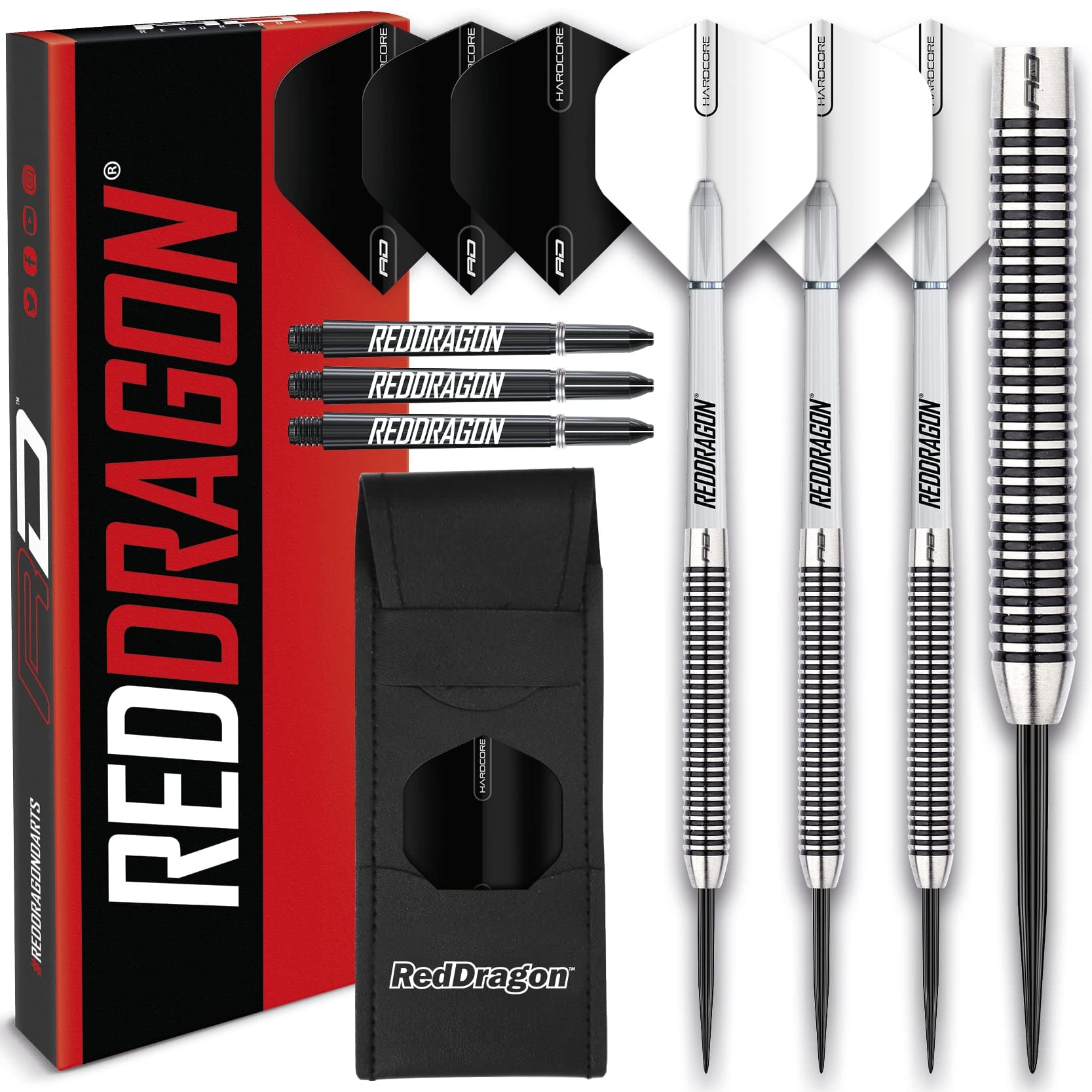 RED DRAGON Pegasus Tungsten Steel Darts Set - 30 Gram - White Shafts, White Extra Thick Flights and Case