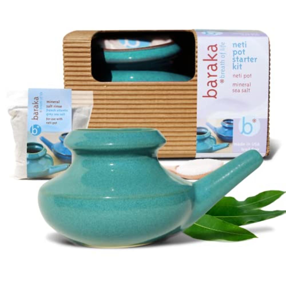 Baraka Neti Pot Starter Kit and 2 oz Mineral Sea Salt Rinse (Jade) - Tool Kit for Home - Relaxing Gifts for Women - Snoring & Sa
