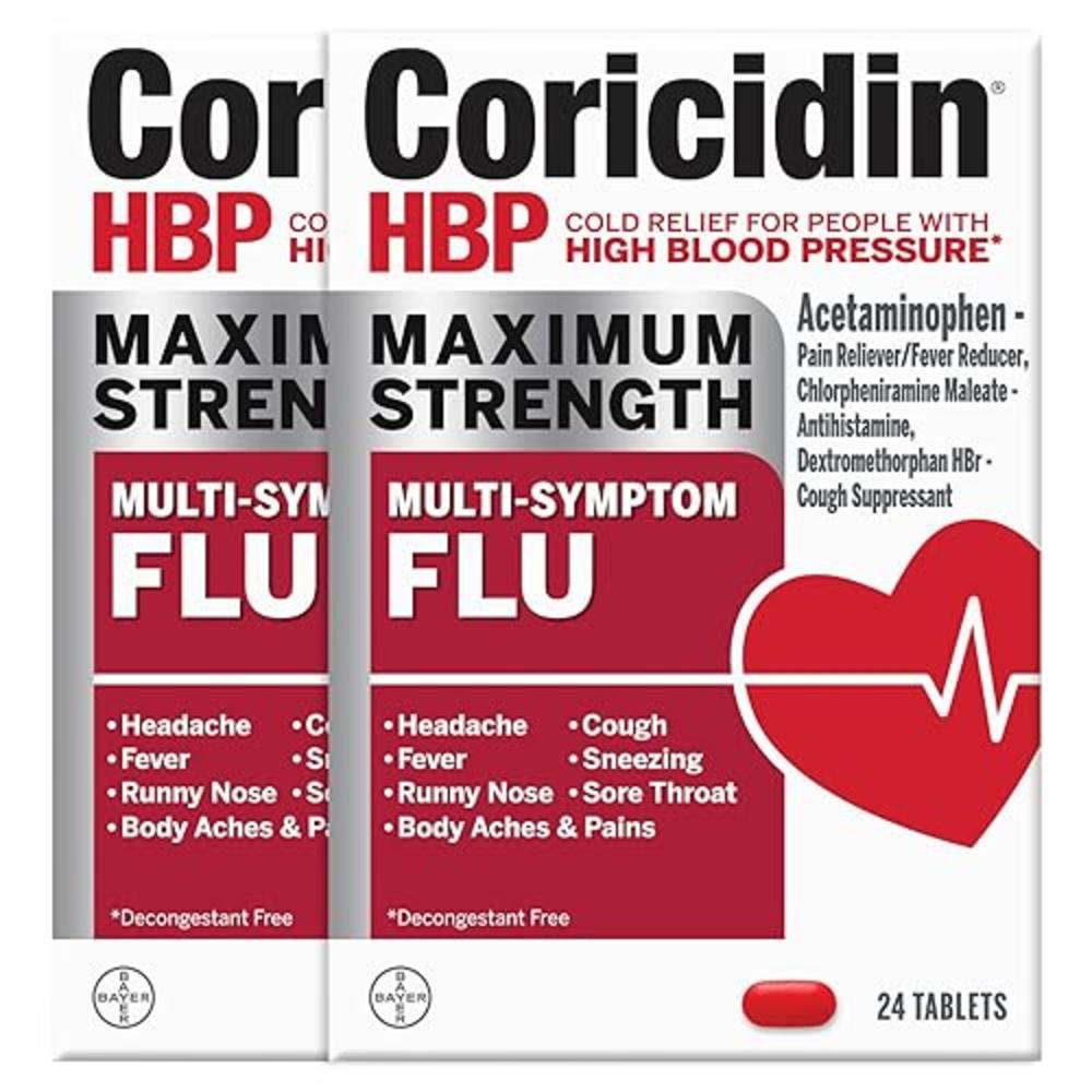 Coricidin HBP, Decongestant-Free Cold Symptom Relief for People with High Blood Pressure, Maximum Strength Multi-Symptom Flu Tab