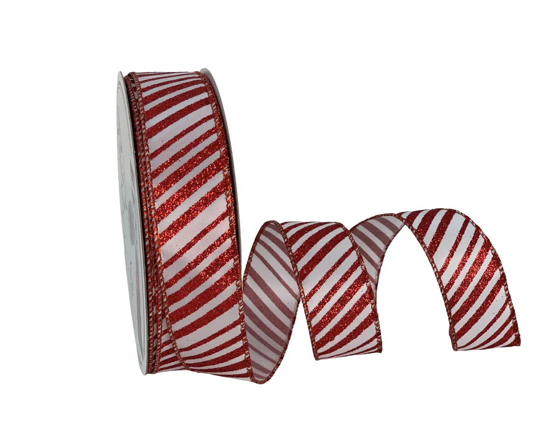 GiftWrap Etc. Red Glitter Stripes Wired Ribbon - 1 1/2 x 50 Yards, Red  White Candy Cane, Christmas, Wreath, Gift Wrap, Winter, Decoration, Bo