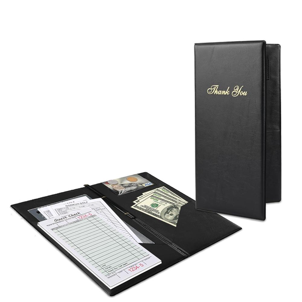 WFD.L Black Faux Leather Waiter or Waitress Serving Book Organizer Wallet, Restaurant Receipt or Money Check Presenter Holder (Black/5