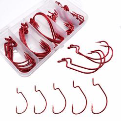Enjoyfishing 50pcs Fishing Red Color Worm Hooks High Carbon Steel Worm Fishing Hooks for Bass Trout with Box Packed #1/0-5/0 (Red)