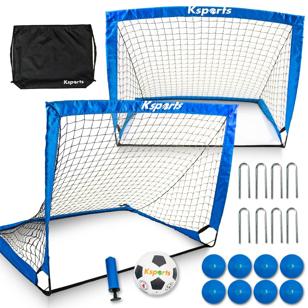 Ksports Portable Soccer Goals 4ft Blue Soccer Nets for Backyard Training-2 Set of Pop Up Soccer Nets-1 Nylon Wound Soccer Ball S