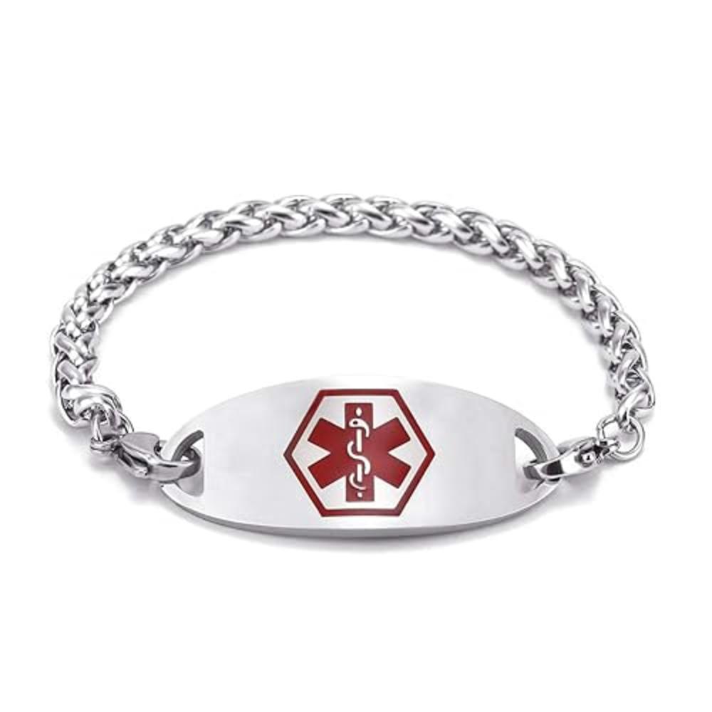 BBX JEWELRY 8-inch Medical Alert ID Bracelet for Women Stainless Steel Red Tag for Women Men Free Engraving