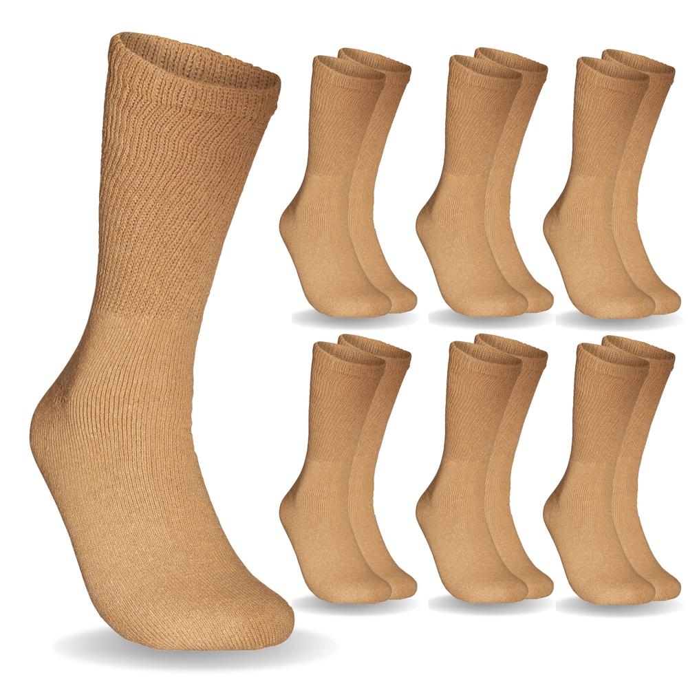 Special Essentials 6 Pairs Non-Binding Khaki Cotton Diabetic Crew Socks With Extra Wide Top For Men and Women Khaki 10-13