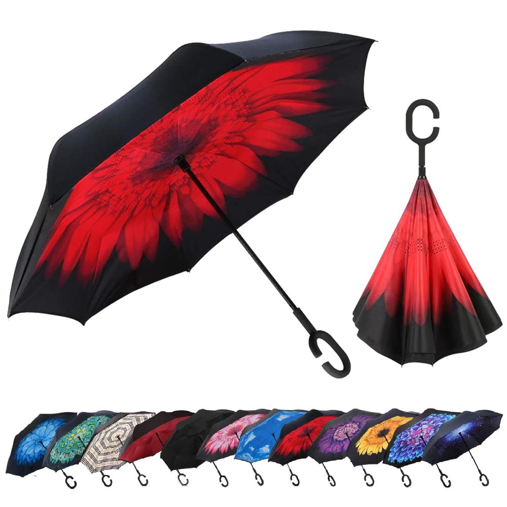 Reverse Inverted Umbrella With C-Shaped Handle - Windproof Anti-UV Upside Down Design
