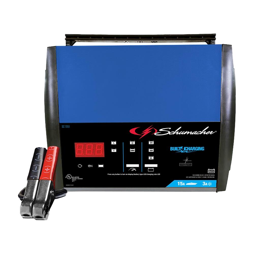 Schumacher SC1359 Fully Automatic Battery Charger, Maintainer, and Auto Desulfator with Battery Detection - 15 Amp/3 Amp, 6V/12V