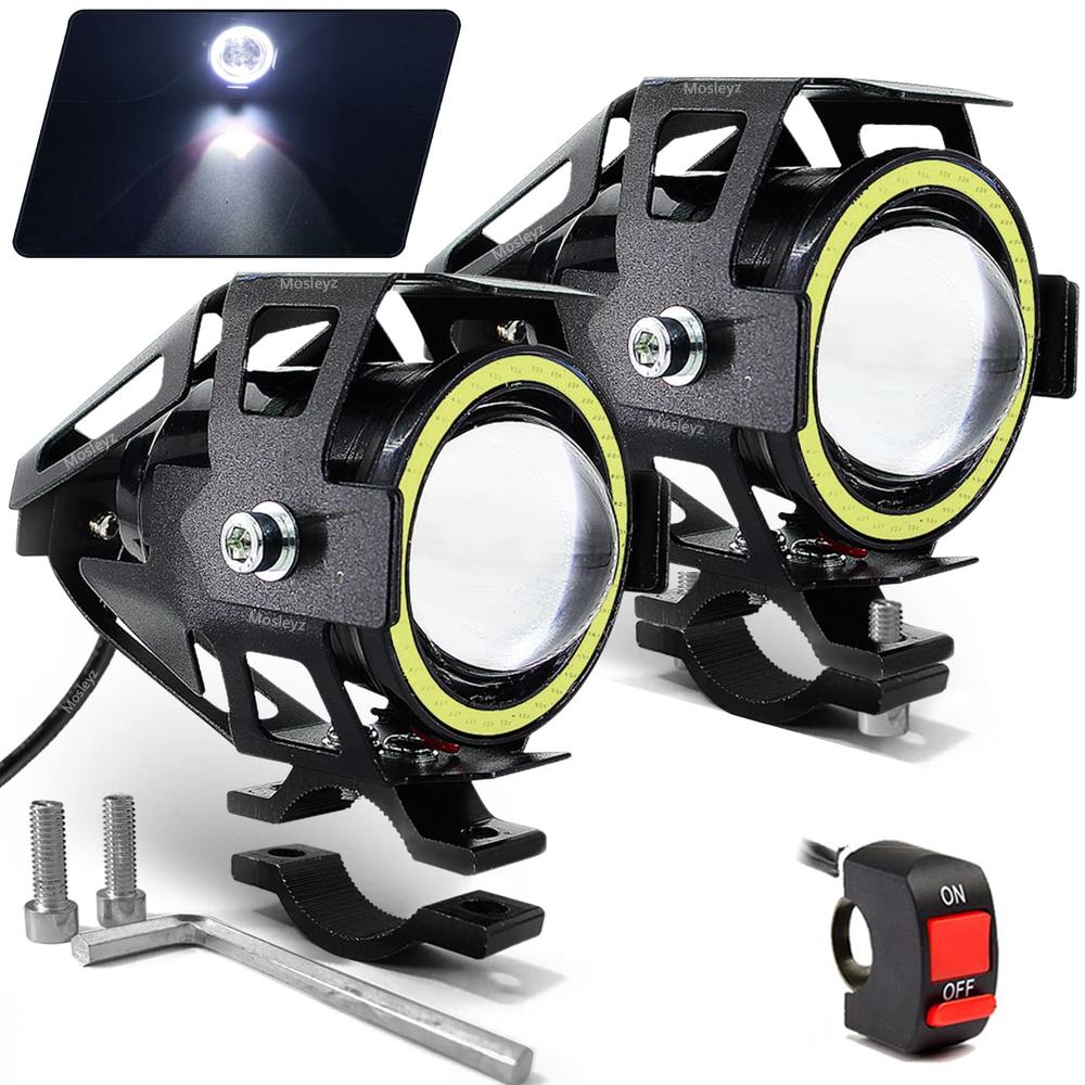 Mosleyz Motorcycle LED Fog Lights U7 Spotlight Daytime Running Lights with White Angel Eyes Halo Ring and Switch 2-Sets