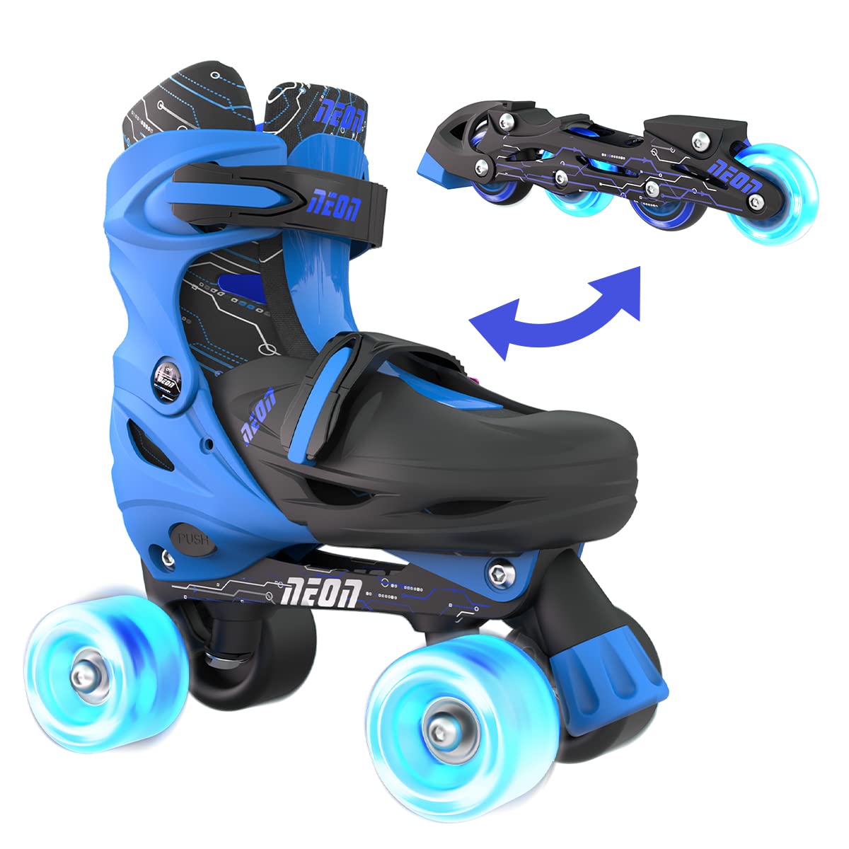 Yvolution Neon Combo Skates Quad and Inline 2-in-1 Adjustable Size Skates with LED Wheels, Outdoor Quad Roller Skates for Girls 