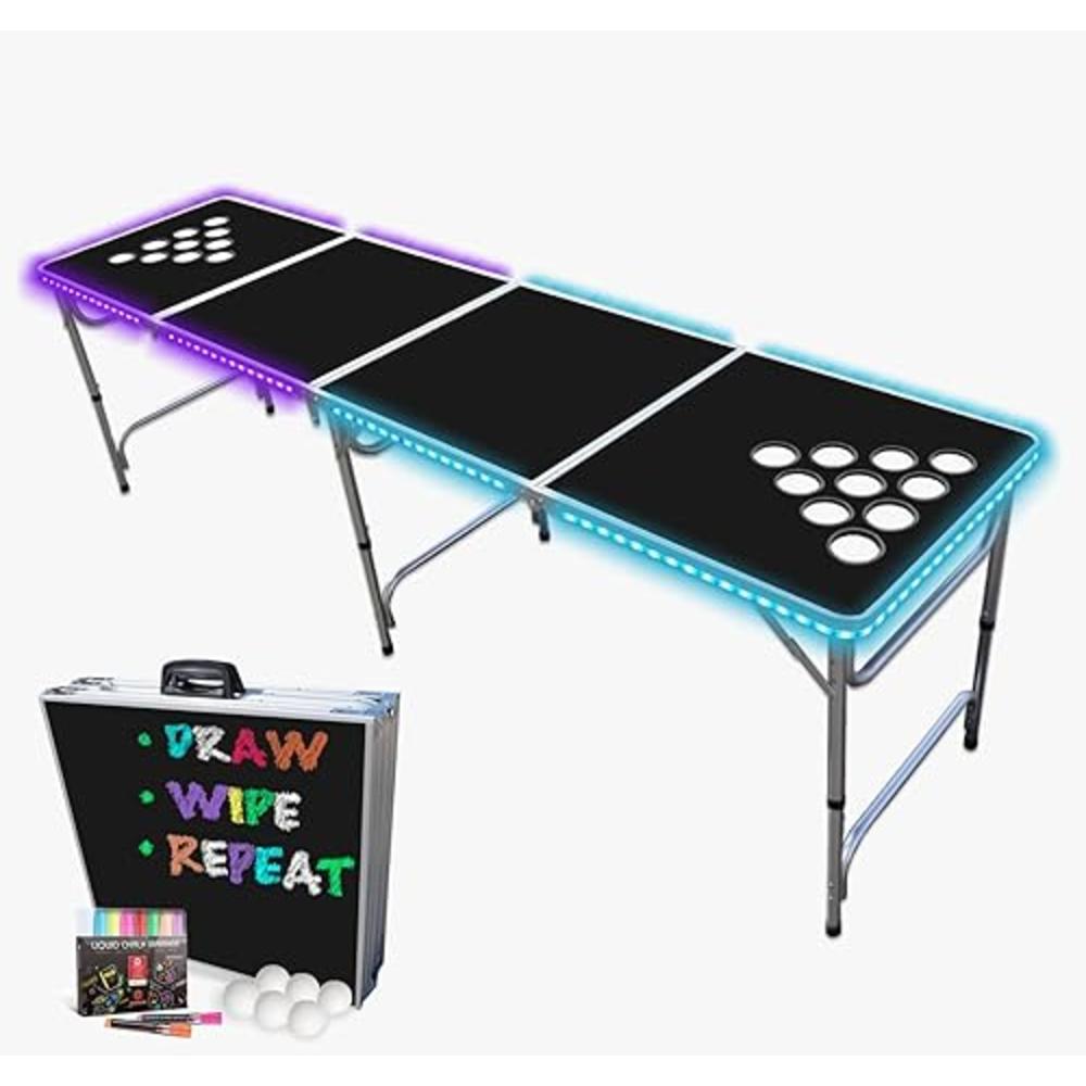 PartyPongTables.com PartyPong 8-Foot Black Dry Erase Beer Pong Table w/Cup Holes, LED Glow Lights, Erasable Markers & Pong Balls