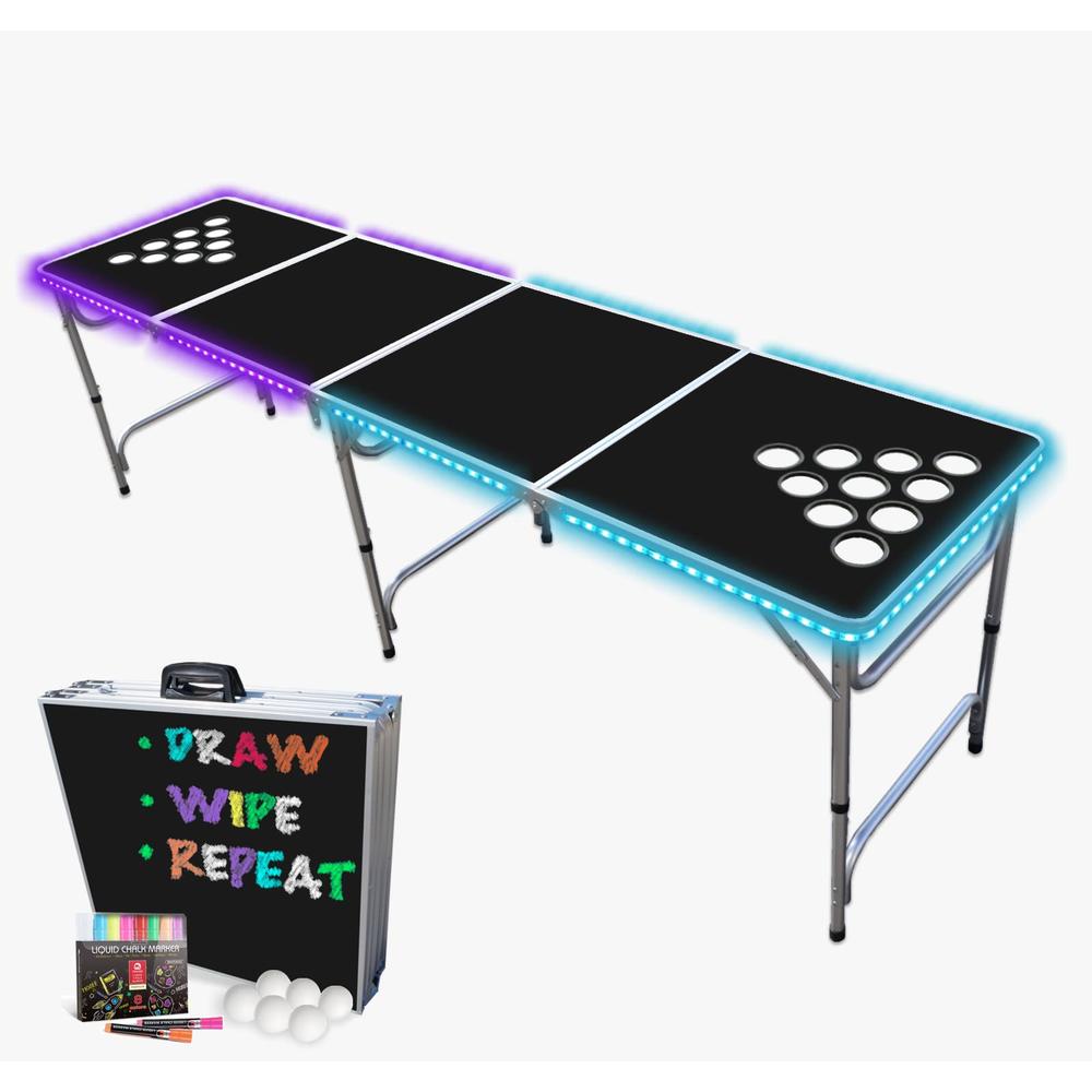 PartyPongTables.com PartyPong 8-Foot Black Dry Erase Beer Pong Table w/Cup Holes, LED Glow Lights, Erasable Markers & Pong Balls