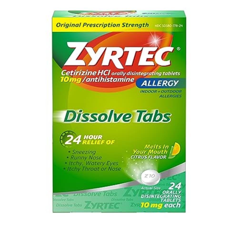 Zyrtec 24 Hour Allergy Relief Dissolve Tablets with Cetirizine HCl, Citrus Flavored Antihistamine Allergy Medicine for Indoor & 