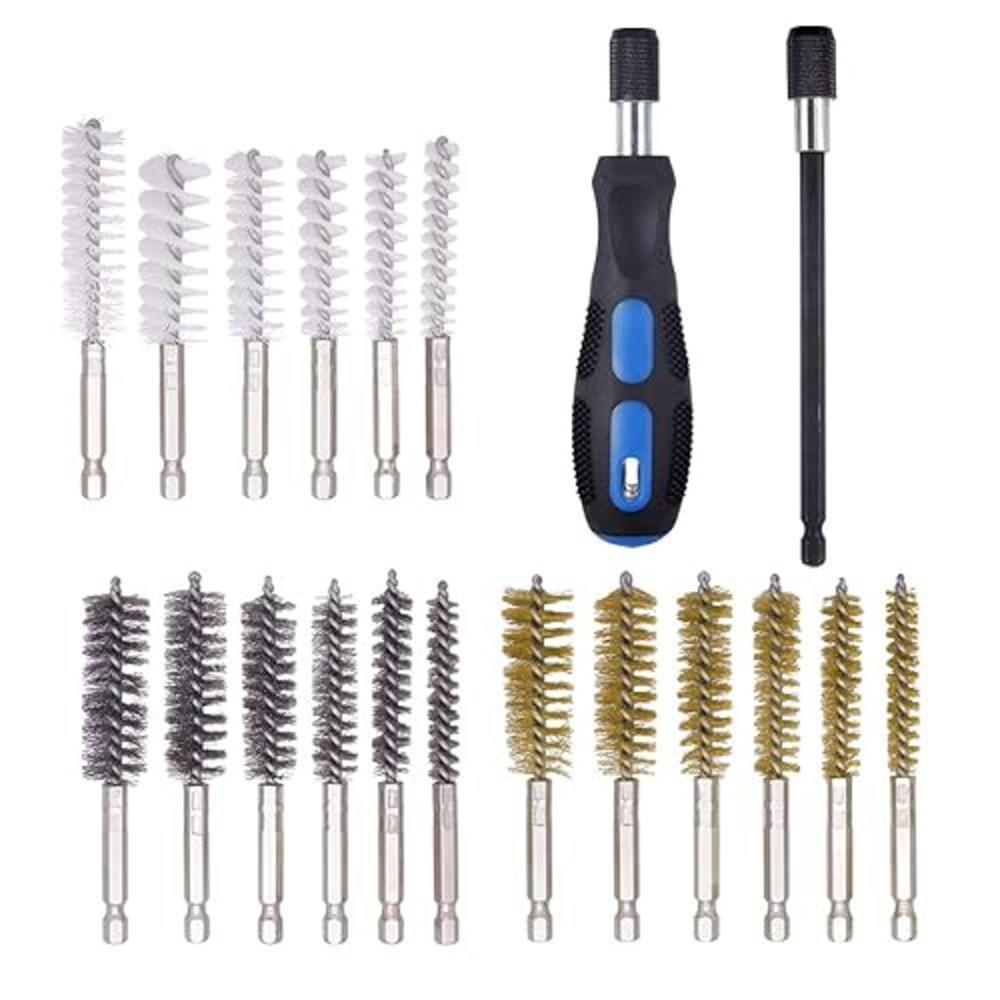 Mixiflor 18 Pcs Bore Brush Drill Set, Mixiflor Twisted Stainless Steel Brass Nylon Bore Brush for Cleaning Rust, 1/4 Inch Hex Shank, with
