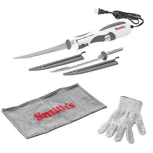 Smith's Lawaia Electric Fillet Knife 51233-2 Removable 8” Serrated Stainless Steel Blades w/Sheath - Fillet Glove & Mesh Storage
