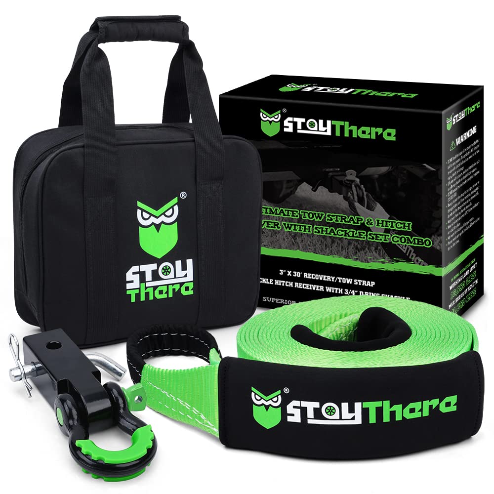 Stay There Heavy Duty Recovery Kit with Hitch Receiver: 3" x30' (35,000 lbs) Heavy Duty Snatch Strap +2" Shackle Hitch Receiver 