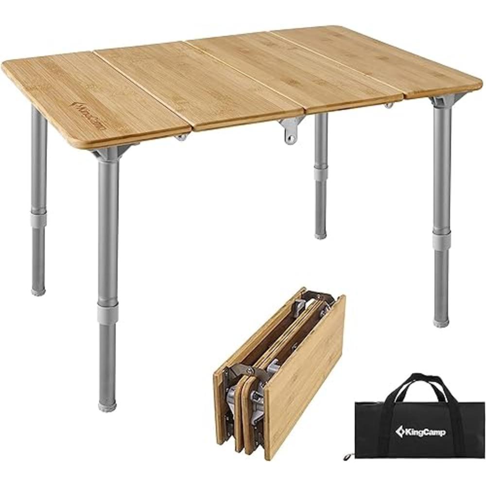 KingCamp Bamboo Folding Table Lightweight Camping Table with Adjustable Height Aluminum Legs 4-Fold Compact Small Portable Camp 