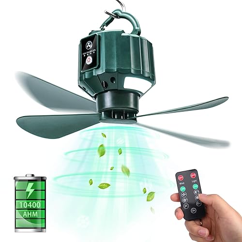 DUKUSEEK Tent Ceiling Fans for Camping, 10400mAH Large Capacity Portable Hanging Tent Fans with Light and Remote Control, USB Ba