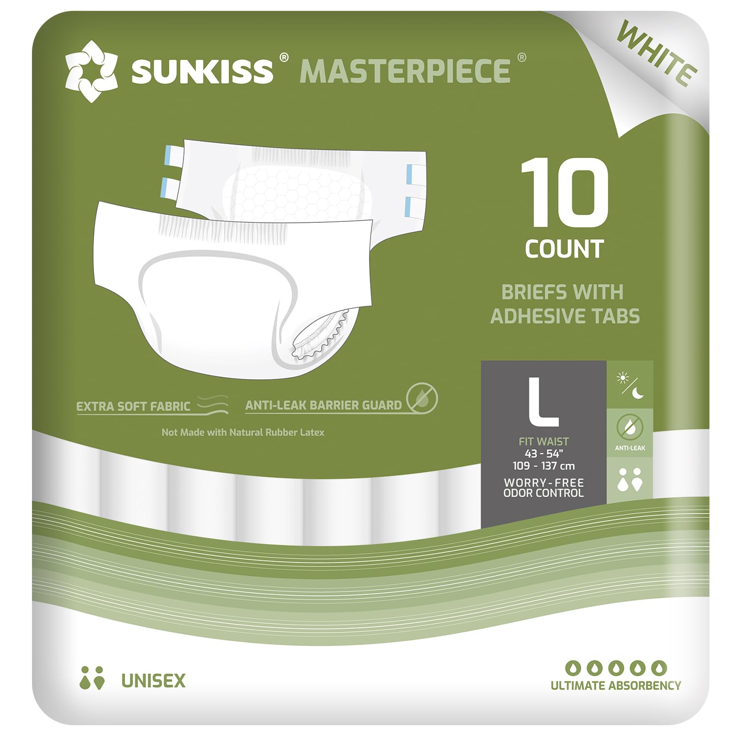 SUNKISS Masterpiece Adult Diapers with Tabs, Unisex Disposable Incontinence Briefs for Women and Men, Odor Control, White, Large