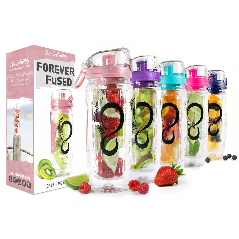 Live Infinitely 32 oz. Infuser Water Bottles - Featuring a Full Length Infusion Rod, Flip Top Lid, Dual Hand Grips & Recipe Eboo