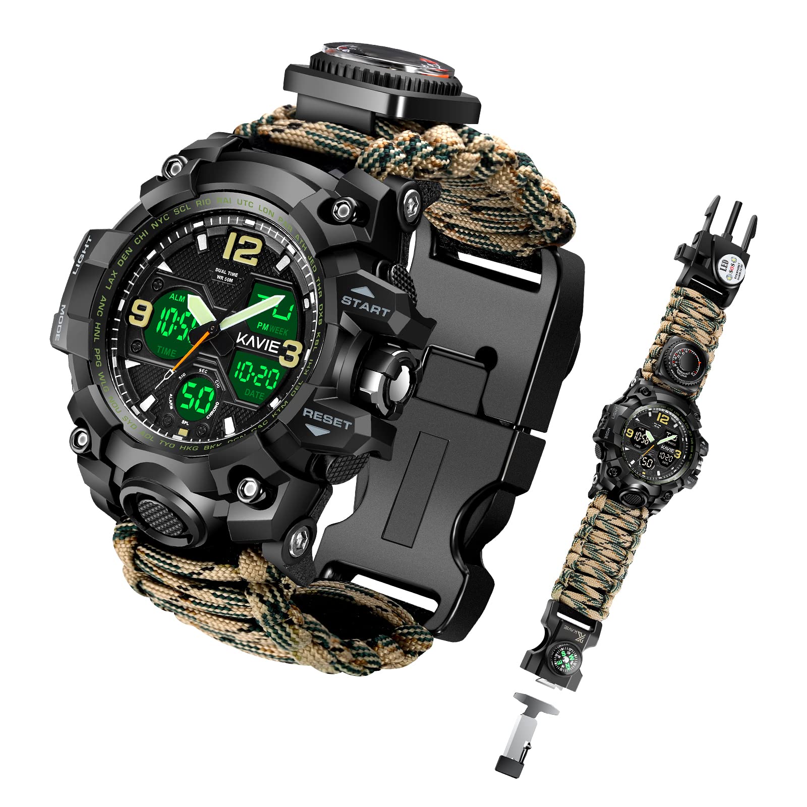Kavie Mens Sports Digital Watch, 23-in-1 Survival Multi-Functional Outdoors Waterproof Sports Watches Dual Display Analog LED El