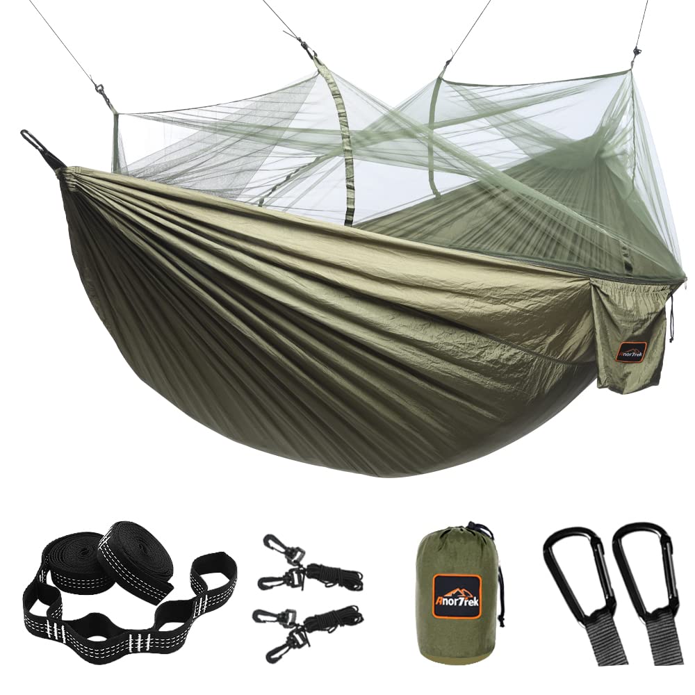 AnorTrek Camping Hammock with Mosquito Net, Double & Single Lightweight Portable Hammocks with Tree Straps, Parachute Hammock fo