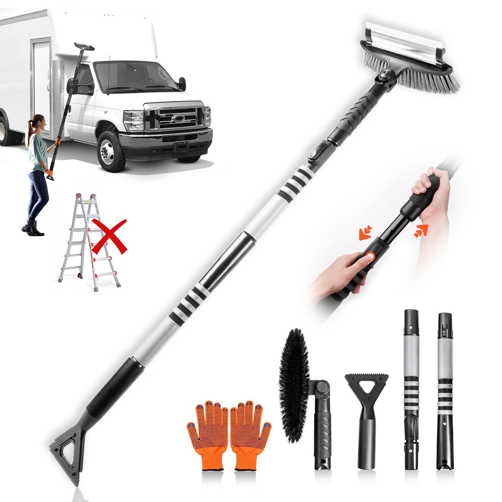 Epltion 72 Extendable Snow Removal for Car, 3 in 1 Ice Scrapers and Snow  Brush with Squeegee for Car Windshield with Foam Grip