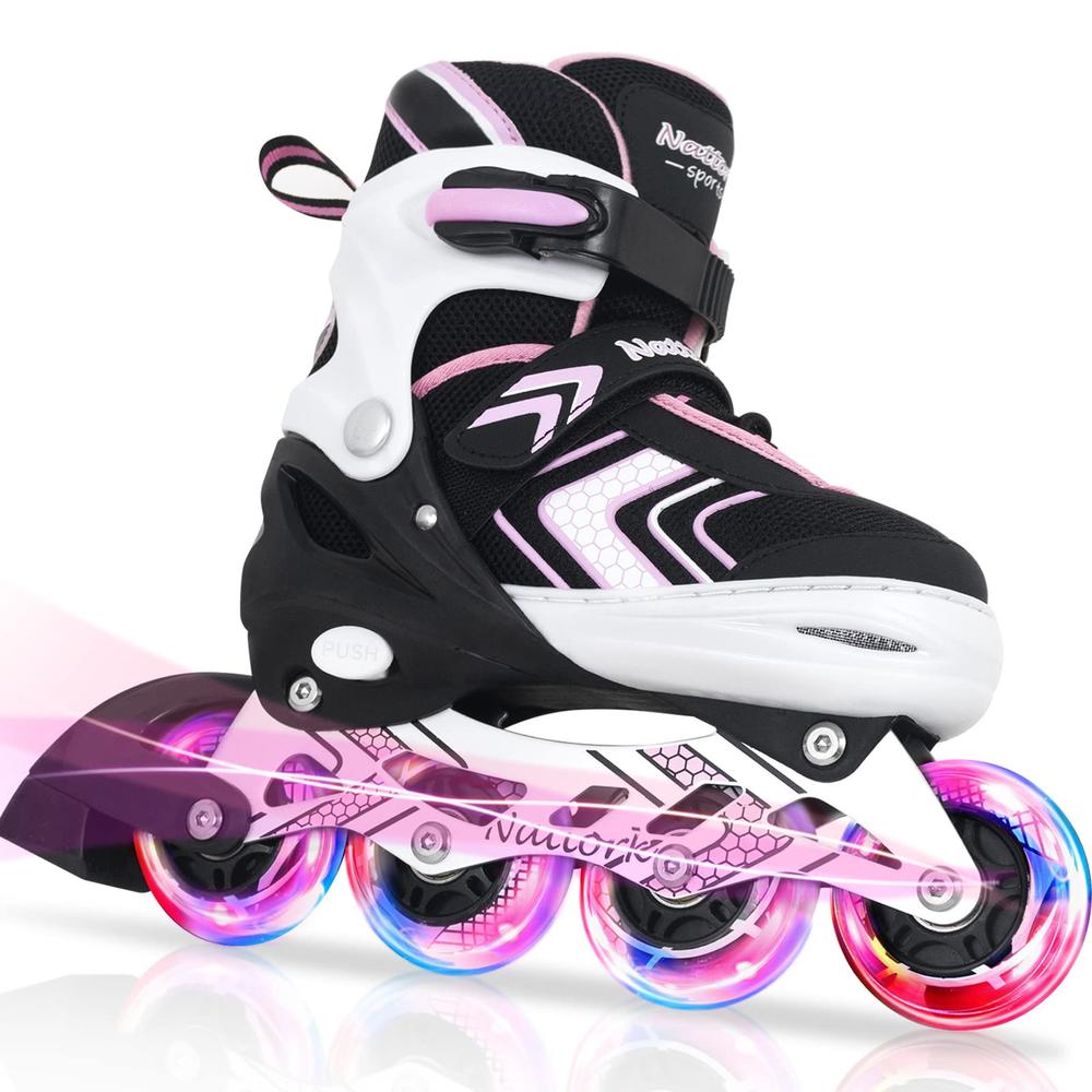 Nattork Roller Skates for Girls with Full Light up Wheels, Adjustable Beginner Inline Skates for Big Kids, Pink, Size 1 2 3 4