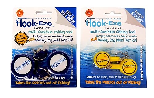 Hook-Eze HOOKEZE Fly Fishing Safe Knot Tying Tool, Standard Yellow & Large Blue Combo - for Fishing Hooks, Jig Heads, Flies, Line Cutter,