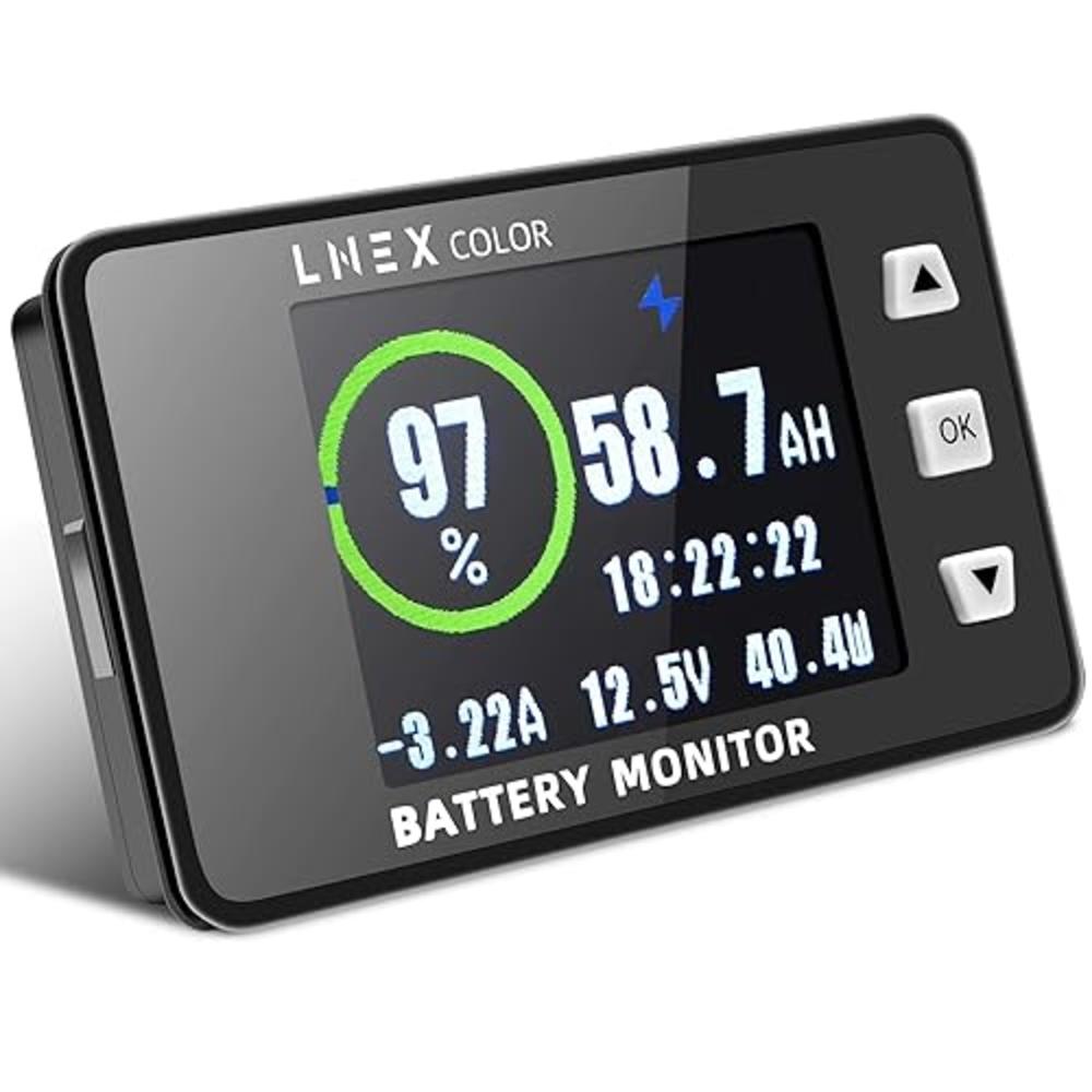 LNEX 500A Shunt Battery Monitor, 2.4" Color Screen RV Battery Monitor with 10ft Shielded Wire, Support High Low Voltage Programm