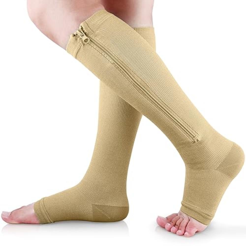 Ailaka Zipper Medical Compression Socks 15-20 mmHg for Women and Men, Knee High Open Toe Firm Support Graduated Varicose Veins H
