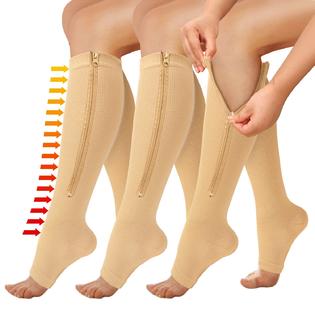 DHSO 3 Pairs Zipper Compression Socks for Women Men, Open Toe Medical  Compression Knee High Stockings for Circulation Support,Nude,L