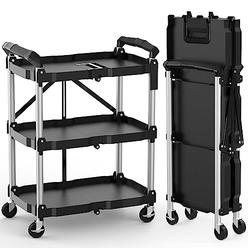 Himix Folding Service Cart Tool Carts with Wheels,3 Tier Utility Rolling Cart,Collapsible Storage Cart, Holds 220lbs Plastic Pus