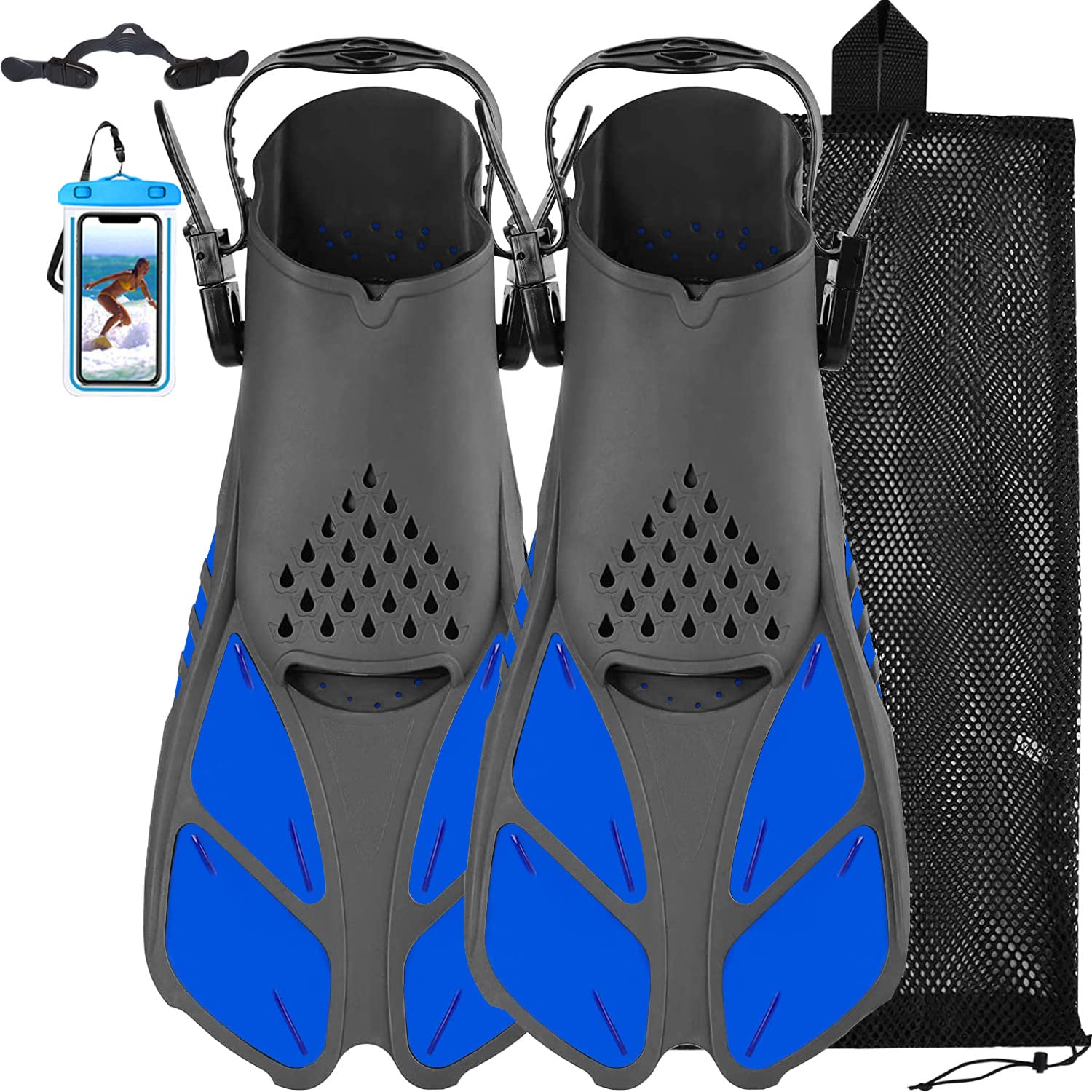 Happyouth Snorkel Fins, Happyouth Swim Fins Open Heel Adjustable Swim Flippers Travel Size Short Fins with Mesh Bag for Snorkeling Diving 