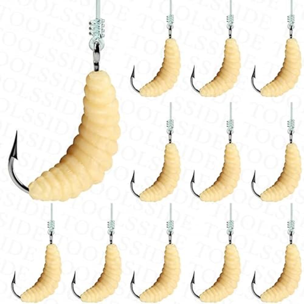 TOOLSSIDE 1 Dozen Soft Plastic Baits 12 Pcs - Maggots Fishing Bait - Freshwater Fishing Lures with Hooks #10 - Bass Lures for Tr