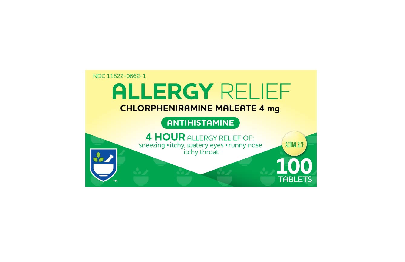 Rite Aid Allergy Medicine, chlorpheniramine Maleate 4mg - 100 count Tablets  4 Hour Allergy Relief  Antihistamine Allergy Medica