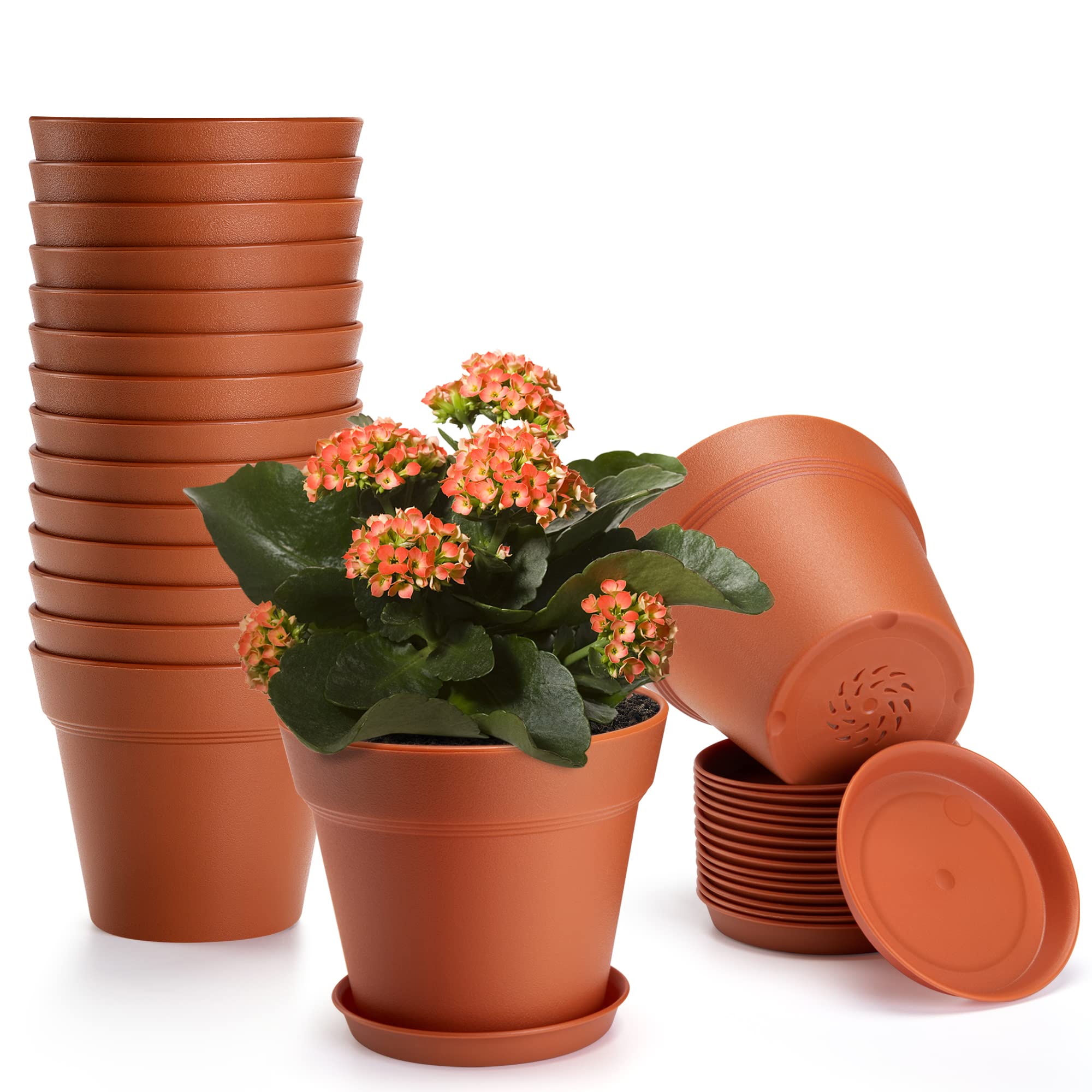 FowaBay 16 Pack Plastic Terracotta Plant Pots with Drainage Holes and ...