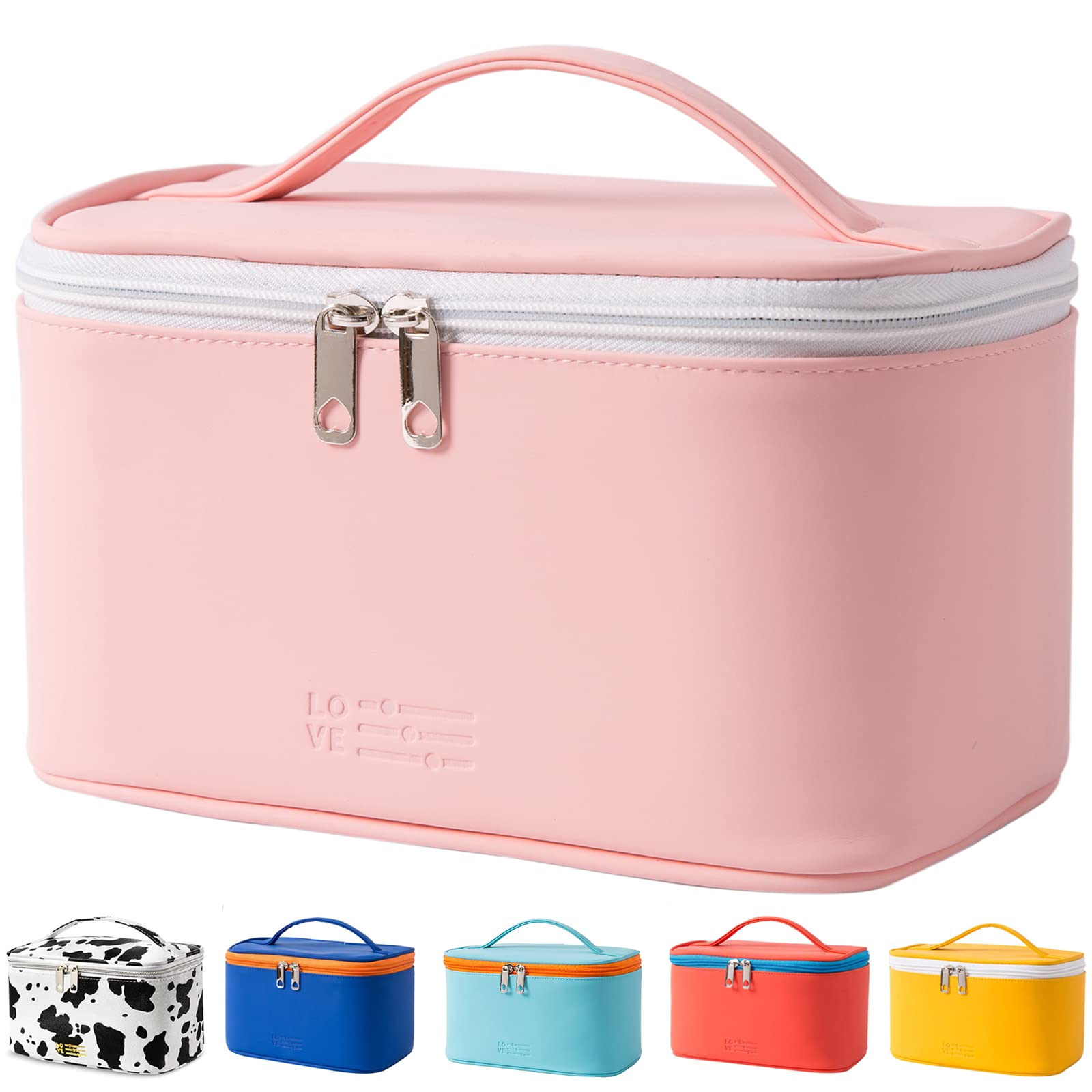 Prite Makeup Bag Portable Travel cosmetic Bag for Women, Beauty Zipper Makeup Organizer PU Leather Washable Waterproof (Pink)