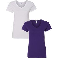 gildan Womens Heavy cotton V-Neck T-Shirt 2-Pack LRg-White-Purple