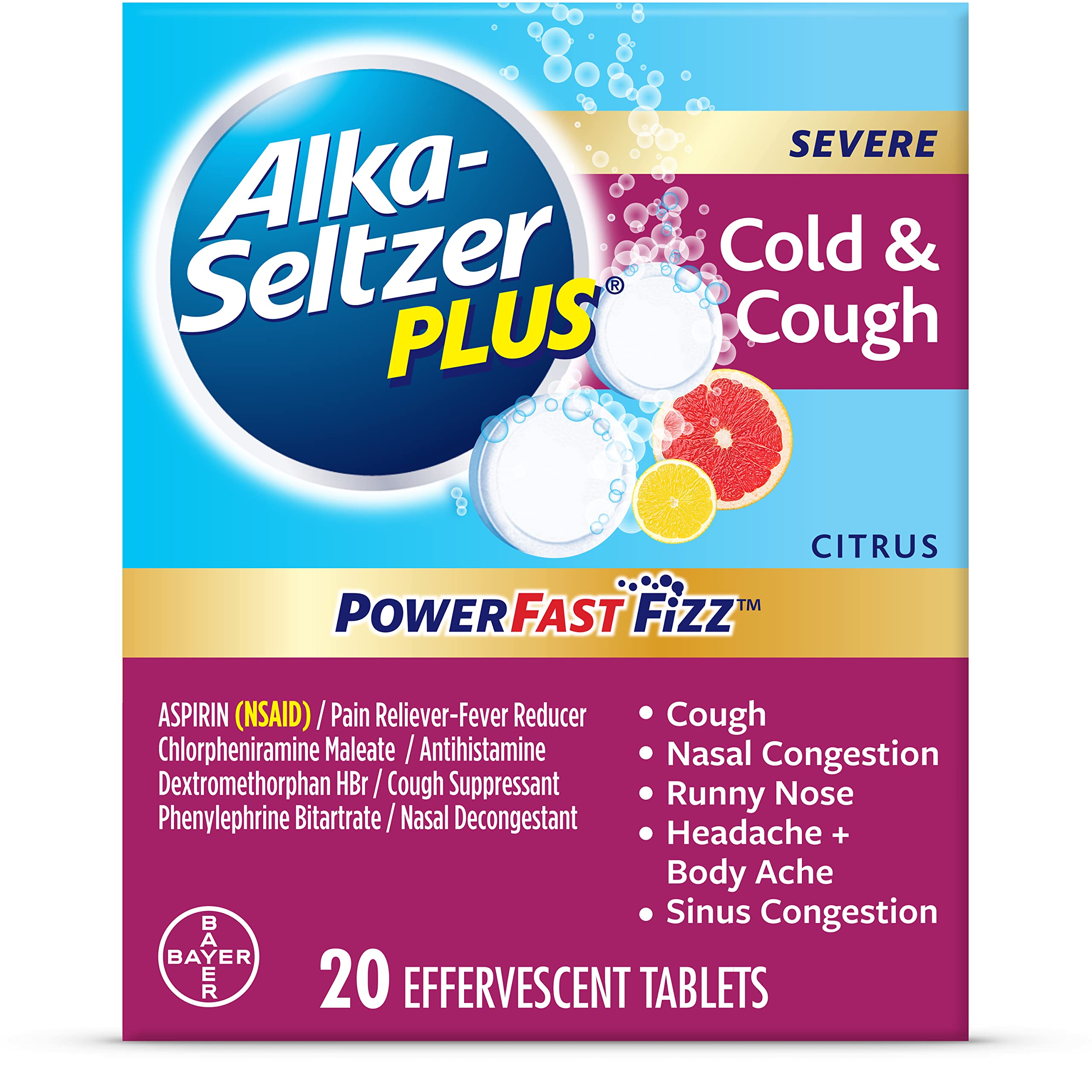 Alka-seltzer Plus ALKA SELTZER PLUS Severe Non-Drowsy cold  cough Powerfast Fizz Effervescent common cold Tablets, Sinus congestion, Runny Nose, a