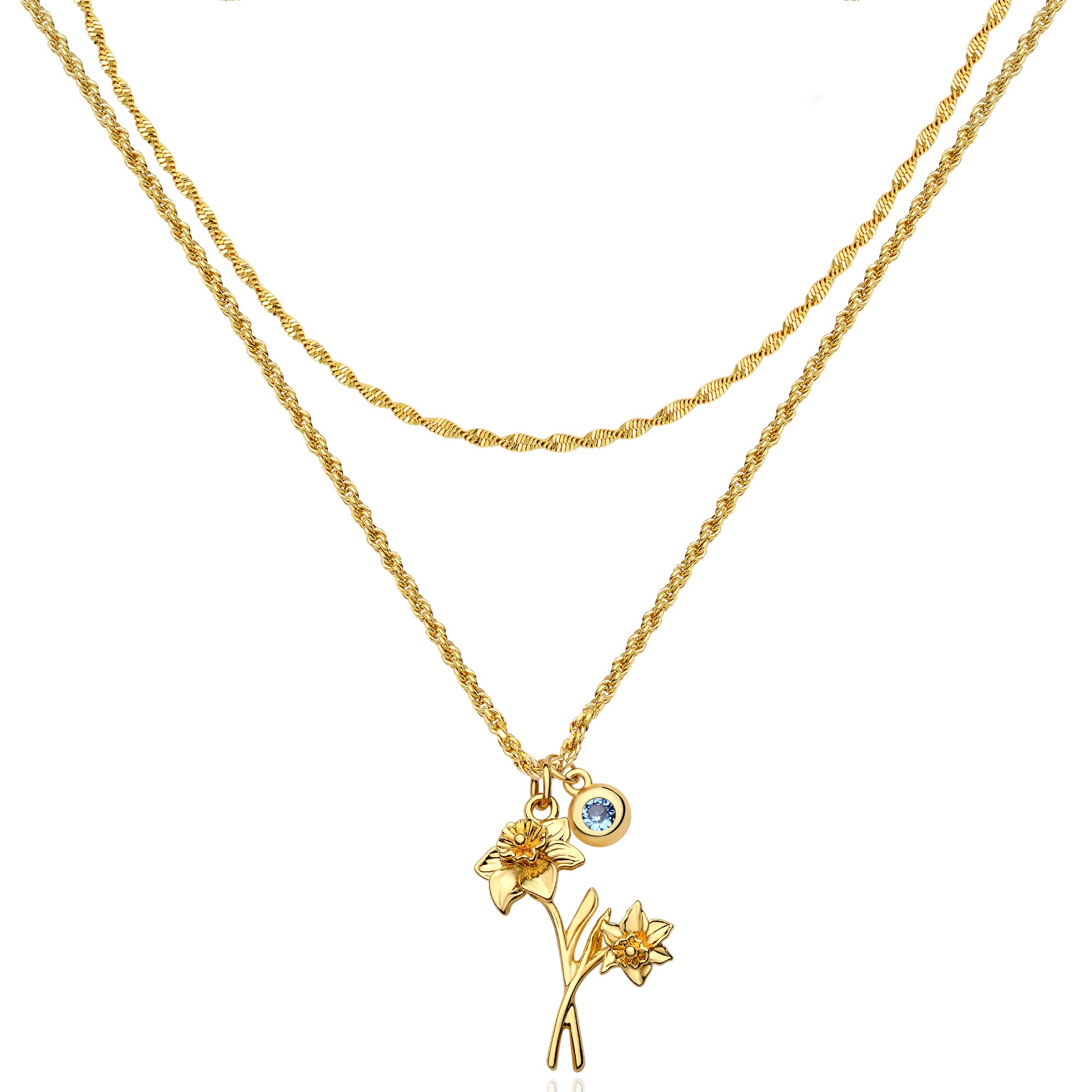 MEVECCO Gold Layered Everbloom Birth Flower Necklace Daffodil Floral Pendant with Aquamarine Birthstone for March 18k Gold Vacuu