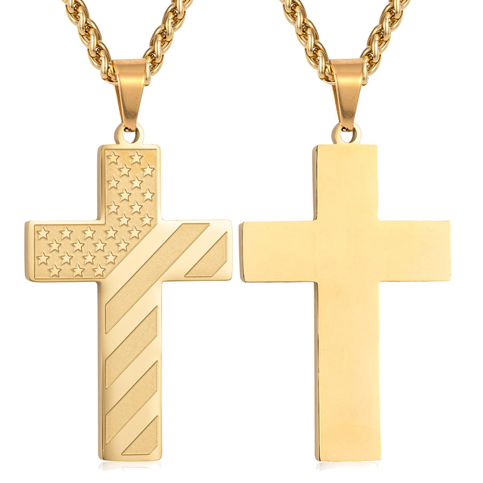 DuoDiner Gold Cross Necklace for Boys Men Pendant Chain Stainless Steel American Flag Religious Jewelry Gift