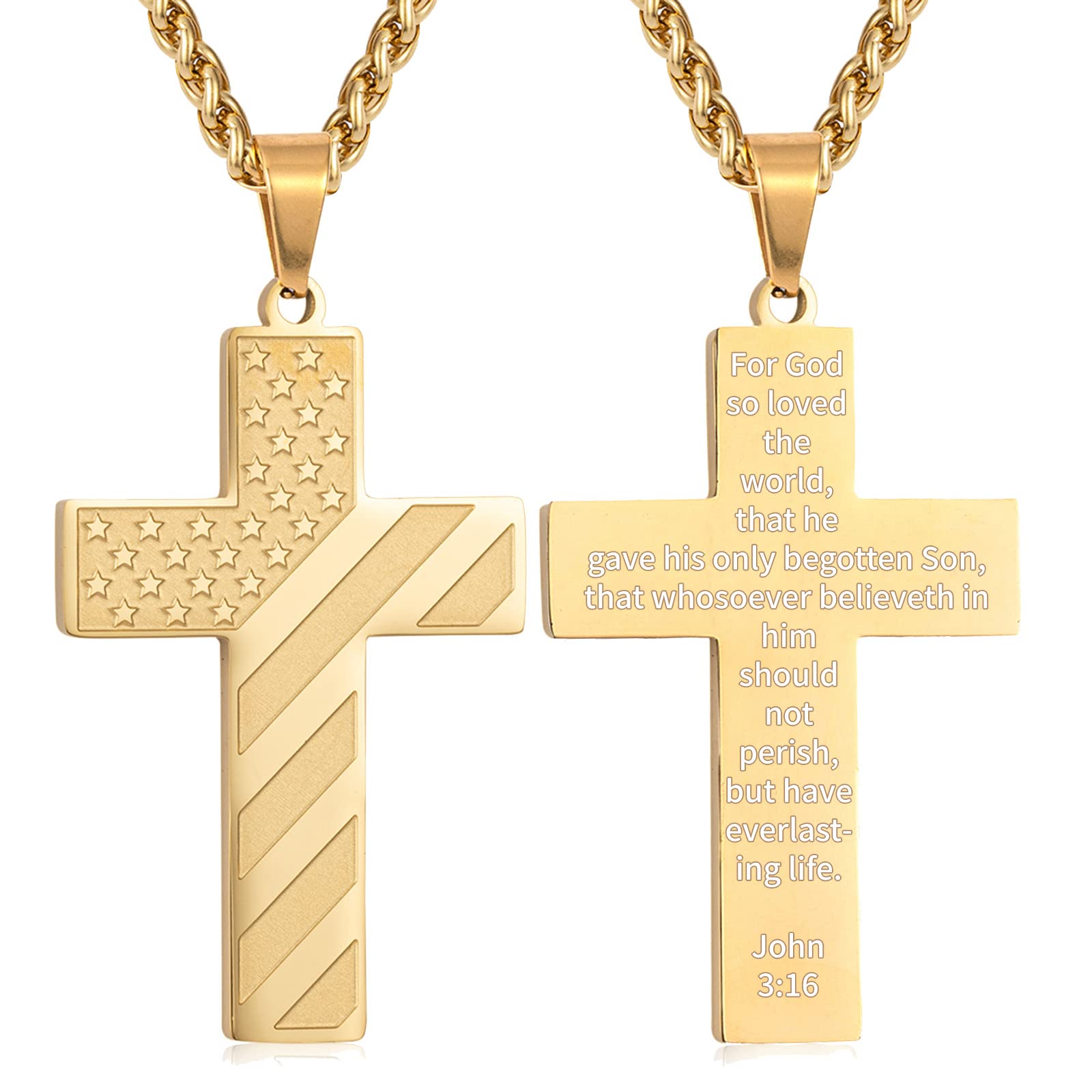 DuoDiner Gold Cross Necklace for Boys Men Pendant Chain Stainless Steel American Flag John 3:16 Bible Verse Religious Jewelry Gi