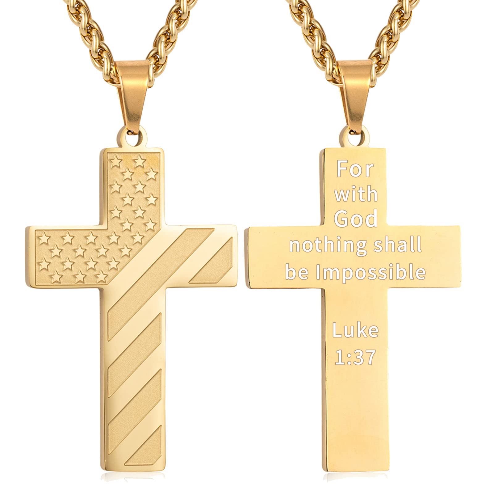DuoDiner Gold Cross Necklace for Boys Men Pendant Chain Stainless Steel American Flag Luke 1:37 Bible Verse Religious Jewelry Gi