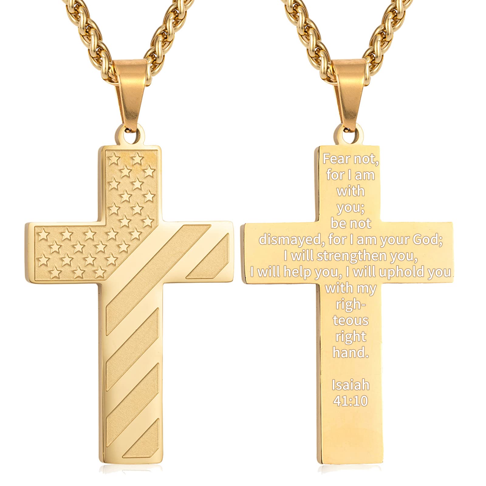 DuoDiner Gold Cross Necklace for Boys Men Pendant Chain Stainless Steel American Flag Isaiah 41:10 Bible Verse Religious Jewelry